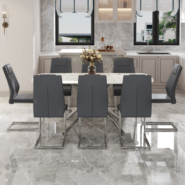 61be8bf2f60c493da03bac1a1c05fde9_49874b1f0b2c70759e4439e07ac50ce6 Table and chair set.Modern Luxurious white Marble-Patterned Tempered Glass Dining Table with 8 Chairs.Single fork silver metal table legs.Dark Gray PU dining chairs with silver metal legs.