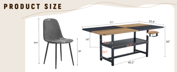 Table and chair set.71*35.4 inch Wooden And Black Spliced Dining Table With Storage Function In The Middle Of The Table Legs.Paired With 6 Chairs Made Of Dark Gray Lnen Fabric.Iron pipe spraying Legs.