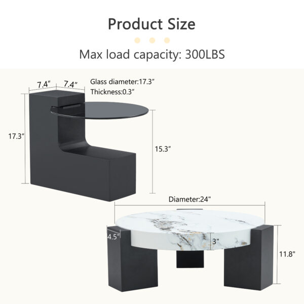 61f2e34caa2140ccaf37ec75dafad560_c7fb50bedd2c41b1e1e7d3712ee671b2 Modern Simple Double-Layer Round Coffee Table - Transparent Gray Glass Top with Black MDF L-Shaped Legs.The detachable design can make the use of space more flexible.