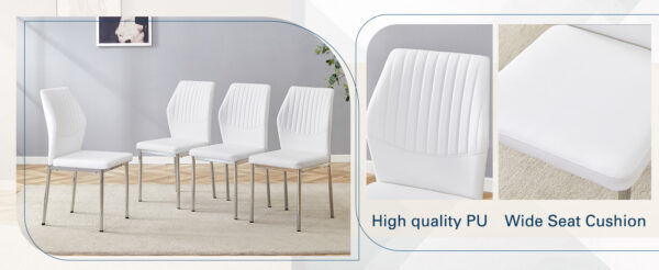 61f45e42ce2143a5a6f4592e0b89d899_5844cb6c48fbf6ac69a0f8cf5e93ea12 Luxury Simple Chair - Set of 6 White PU Material High Resilience Dining Chair with Metal Silver Leg.The Chair Back Has a Vertical Stripe Design With Smooth And Uniform Lines.