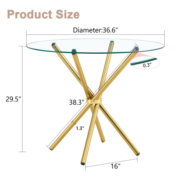620aee556a7e4e9bb04f85310796667f_199a544f6894cdb8da1bdac5ae9df908 Round clear glass dining table with a unique shape for 4-6 people, with ring-shaped gathered gold metal legs, suitable for desks, kitchens, terraces, dining rooms.