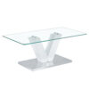 Modern minimalist coffee table. Transparent tempered glass tabletop with silver MDF pillars. Suitable for living room and dining room