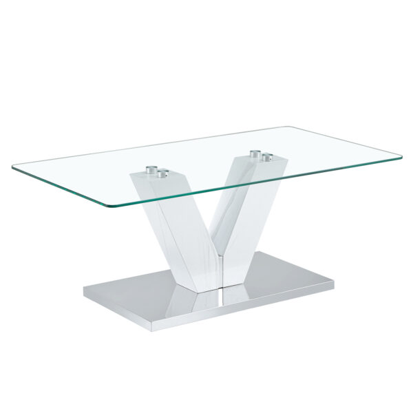 620efe5d656b4f409a28ed6ed8ccd8ca_20240206_334d5b67c2a64909eab2ab2d5aefada7 Modern minimalist coffee table. Transparent tempered glass tabletop with silver MDF pillars. Suitable for living room and dining room