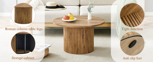 621eea292bad4319aec1bef54d73f823_1d877bd23eeb19ecdf0527e4be43ee8f A modern circular coffee table with a diameter of 27.5 inches interprets home aesthetics and practicality. MDF material,cylindrical table leg design.Becoming the visual focal point of home decoration.
