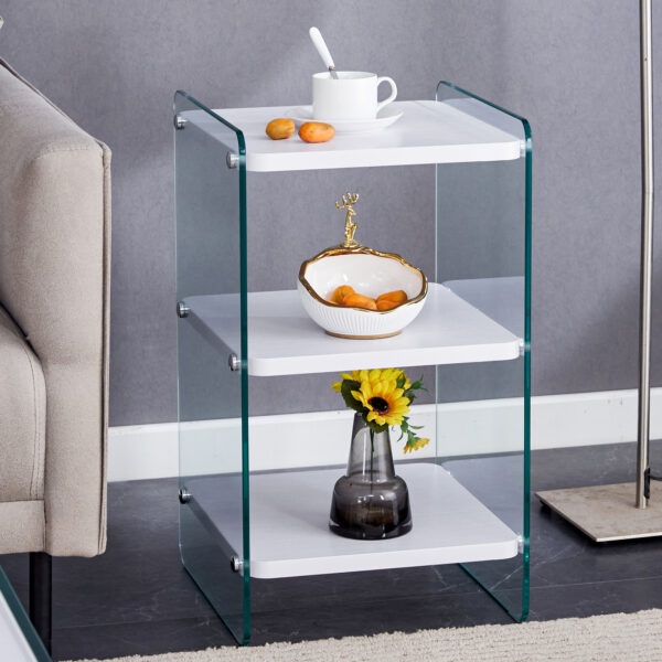 62207c2b920c4522a6a103444eff9e48_161db1eb415257222321e5e8237e5846 Three levels of bedside tables. The board surface is MDF, with white stickers, and both sides are transparent tempered glass. The design is simple and generous, with storage function.