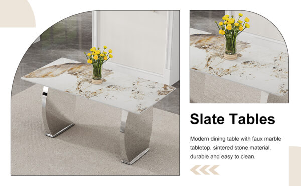 622bccfe814543a5b415cf36e95f7b18_288e15109c87d96c7007ddc463a93b5d Modern rectangular dining table, imitation marbled rock plate table top, stainless steel table legs, suitable for kitchen, dining room, living room 63 inches * 31.4 inches.