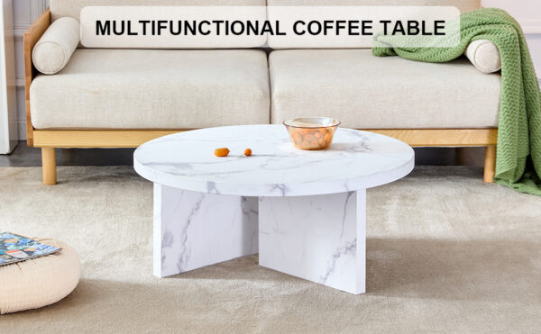 625814f21dc54fe0b48f8eb4ffe68632_20240123_3e084b66f3338d4cc80fa0246b2820f8 A white MDF material circular patterned coffee table, a 31.4-inch white center table, modern coffee table, suitable for small spaces and living rooms.