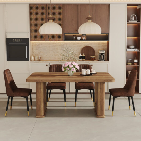 6286078c72464f03aa8ad119bb63e88f_e4593e7ad648505f04330ace68c5e348 Table and chair set.64.5 x 35.4 Inch Stylish Wood Color Textured Dining Table.Paried With 4 BrownTechnology-Fabric Dining Chairs.Suitable for kitchen,Dining room,etc.