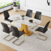 Table and chair set.71"x35.4"x30" Luxurious Pandora Patterned Glass Dining Tabletop with Golden Back To Back C-Shaped MDF Legs.Paried With 6 Black High-quality PU Chairs With Arched Metal Legs.