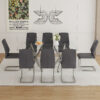 Table and chair set.71''*35.4'' Inch Modern Luxurious Transparent Tempered Glass Dining Table Set with 8 Chairs.Double Fork Silver Metal Table Legs.Dark Gray High-quality PU Dining Chairs.