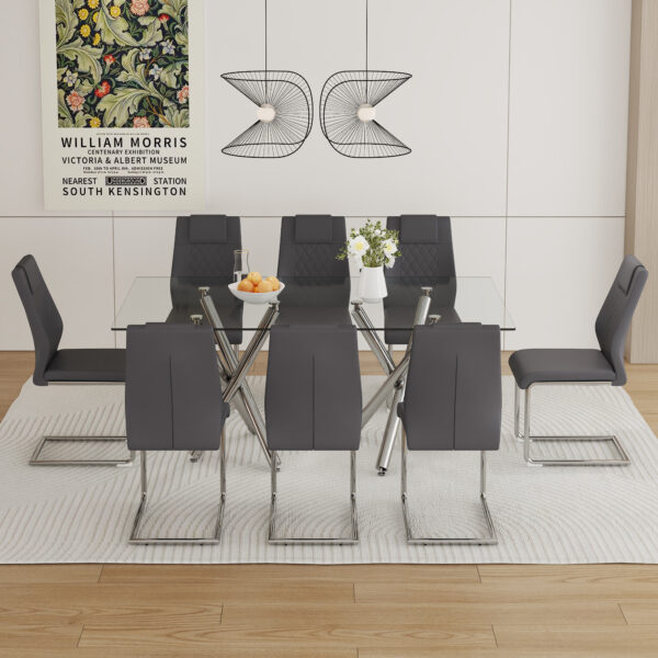629a2c4d262d44c5aae0255dc3d48f0c_8185e451d93d839cec89e5eea620cc06 Table and chair set.71''*35.4'' Inch Modern Luxurious Transparent Tempered Glass Dining Table Set with 8 Chairs.Double Fork Silver Metal Table Legs.Dark Gray High-quality PU Dining Chairs.