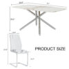 Table and chair set.Modern Luxurious white Marble-Patterned Tempered Glass Dining Table with 6 Chairs.Single fork silver metal table legs.White high-quality PU dining chairs with silver metal legs.