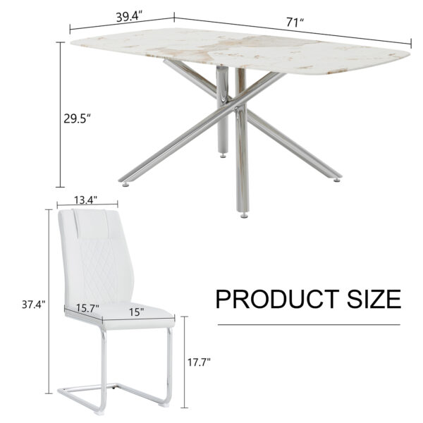 62a5004d97ae46908ac587e2c988d55e_acaf7aa71d2add064b9434eefe701f66 Table and chair set.Modern Luxurious white Marble-Patterned Tempered Glass Dining Table with 6 Chairs.Single fork silver metal table legs.White high-quality PU dining chairs with silver metal legs.