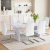Table and chair set.63"*35.4" White Imitation Marble Pattern MDF Dining Table Set - 6 Soft and Comfortable White PU Chair With Arched Metal Silver Leg.Create Your Exclusive Low-Key Luxury Space.