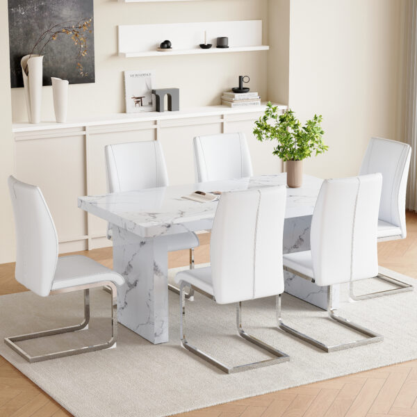 62af5ada4be64b429af3546d2aedcd1e_f7a88d65701c4d5123b1f6ea36d4c0f7 Table and chair set.63"*35.4" White Imitation Marble Pattern MDF Dining Table Set - 6 Soft and Comfortable White PU Chair With Arched Metal Silver Leg.Create Your Exclusive Low-Key Luxury Space.