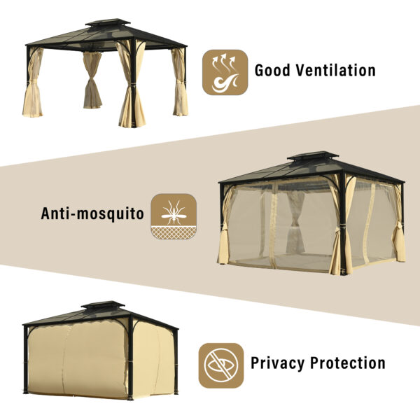 TREXM 10'x12' Hardtop Outdoor Gazebo, Heavy Duty Double Roof Patio Gazebo with Aluminum Frame, Double-Layer Side Walls Mosquito Netting & Privacy Curtains for Patio, Garden, Backyard (Beige)