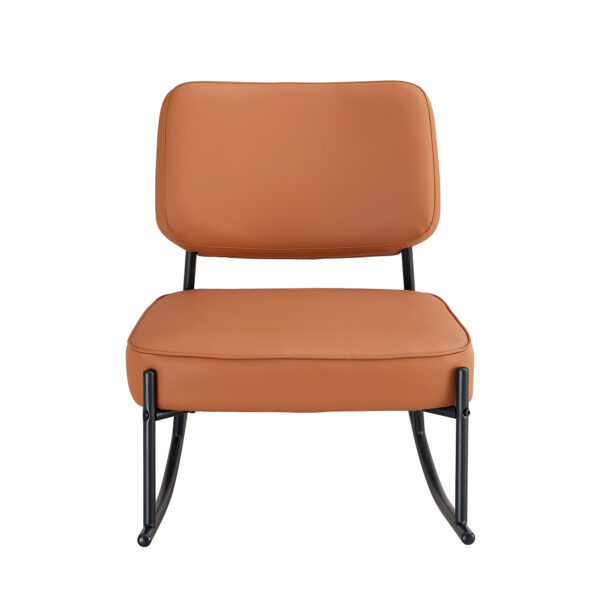 PU material cushioned rocking chair, unique rocking chair, cushioned seat, brown backrest rocking chair, black metal legs. Comfortable side chairs in the living room, bedroom, and office