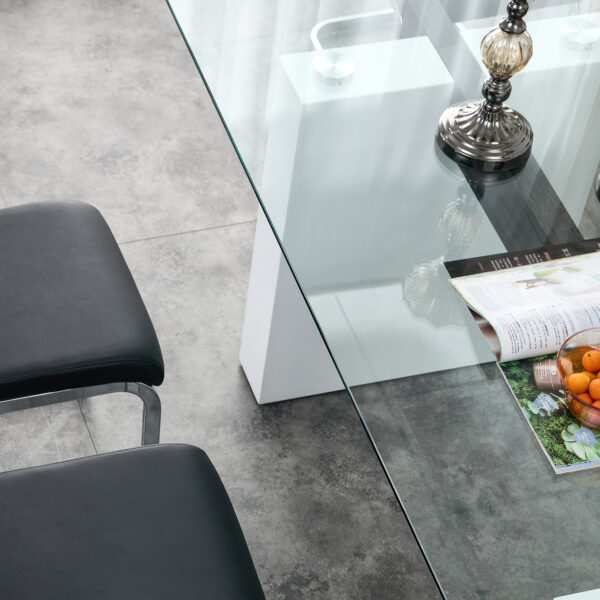 Glass Dining Table Large Modern Minimalist Rectangular for 6-8 with 0.4" Tempered Glass Tabletop and white MDF Trapezoid Bracket,For Kitchen Dining Living Meeting Room Banquet Hall F-1550
