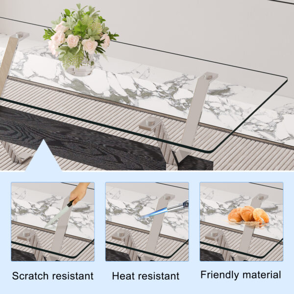62deed287d34402397679fef9d8a1dc1_c60a5c1e9aa51c6719f25149f80305e1 Table and chair set.Elegant Transparent Tempered Glass Dining Set - 71"x35.4" with 8 Black PU Chairs with a vertical stripe design on the backrest.
