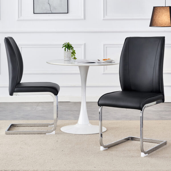 62f5303f00ad4c3baaf1fec6781fdddb_706b964d033f3cd3235c51e0f37e0ff3 Luxury Simple Arch Chair - Set of 2 Black PU Material High Resilience Dining Chair with Arched Metal Silver Leg.