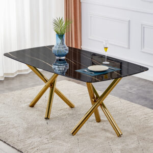 Large modern minimalist rectangular dining table with 0.39 "imitation marble black glass desktop and gold metal legs, for Kitchen Dining Living Meeting Room.W1151S00198