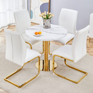 Table and chair set.31.5 Inch Elegant White Marble Pattern Round Dining Table - Suction Molding Annular Texture.Paired With 4 White PU Material High Resilience Dining Chairs.