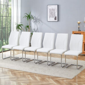Set of 6 dining chairs, white dining chair set, PU material high backrest seats and sturdy leg chairs, suitable for restaurants, kitchens, living rooms
