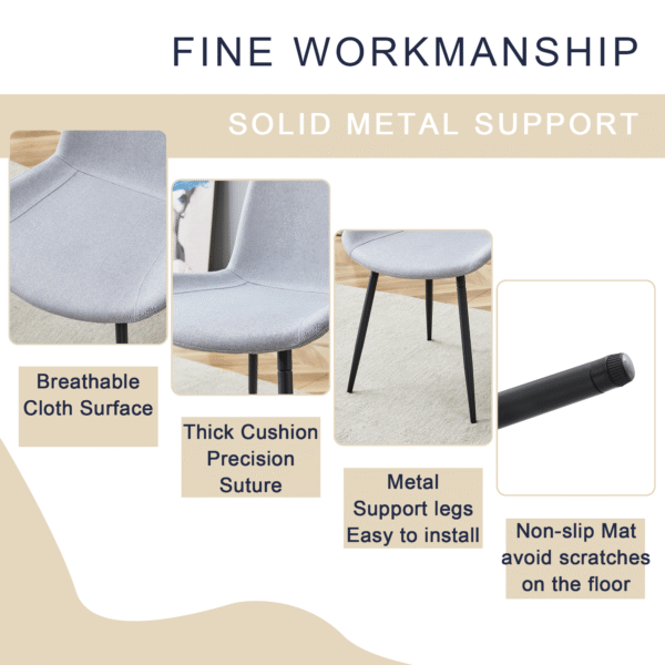 63193d12620341ae966dbfa073b853ec_097739323b26e32cd103ff633934f9b4 Table and chair set.A minimalist retro rectangular dining table with a textured top and black metal legs.Paired With 4 Light Gray Linen-Cotton Dining Chairs With Curved Widened Cushion Design.