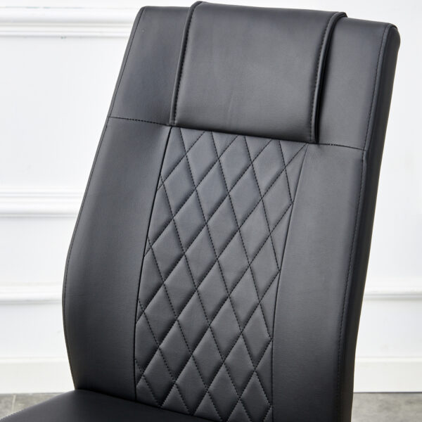 634f2716745043169f9b9dd5b72b1a9d_89169276f6fdce91e89aefabbc950273 Table and chair set.Large modern rectangular table with 0.4 inch patterned glass tabletop and large MDF table legs.Comes with 6 chairs with faux leather cushioned seats and golden metal legs.