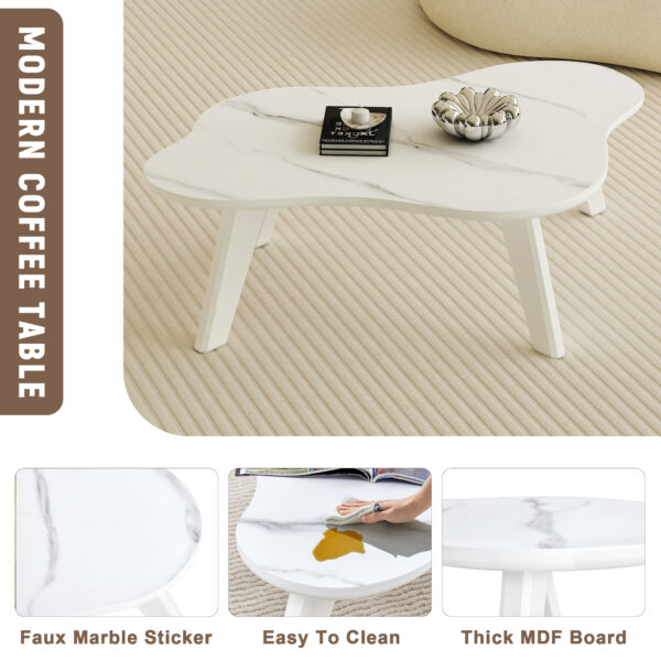 635517becd6f433eace3f5790a6930b6_e53e41e748f9949e0c549608aadc6f6a Modern minimalist white imitation marble tabletop coffee table. Solid wood spray painted desk legs, cloud shape to give you a new experience, computer desk. Suitable for dining and living rooms.