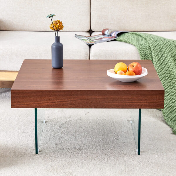 6383094cbd004997bfa9daecab9004e7_73adebc78b2d2657b4bb06a591787cd5 Walnut Colored Square MDF Coffee Table - 31.5"x31.5" with Tempered Glass Legs.Density Board Sticker,Reinforced Glass Legs.Walnut Colored Texture Sticker.