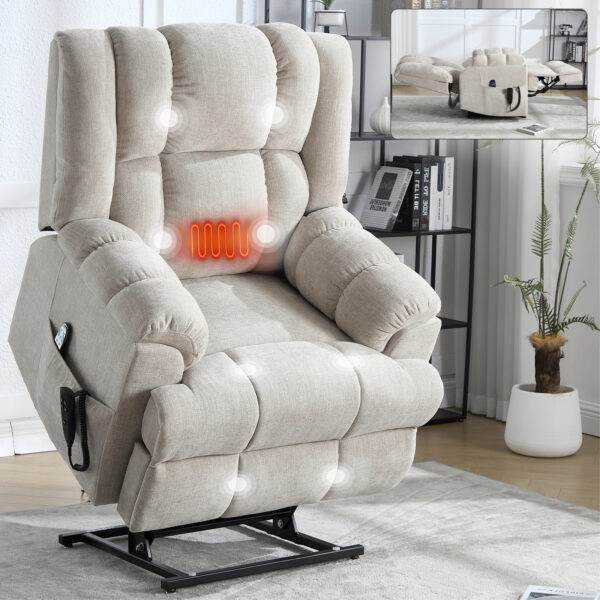 Dual Motor Heat Massage Infinite Position Up to 350 LBS Electric Power Lift Recliners with Power-Remote, Medium-firm and Heavy Duty, Beige