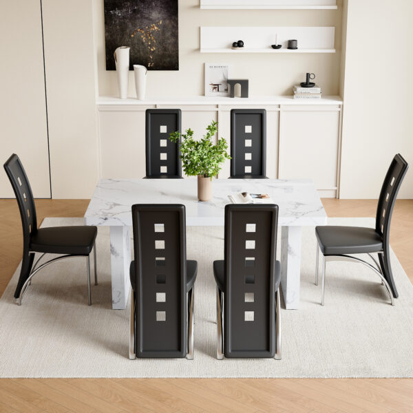 63a6961591f94a839a1d6bddc67c1167_93545f3f281bdf8c16ea72a4a89d8ac7 Table and chair set.63"*35.4" White Imitation Marble Pattern MDF Dining Table Set - 6 PU Chair With Black Saddleback, Geometric Pattern Backrest,Silver Curved Metal Leg..Suitable For Various Scenes.