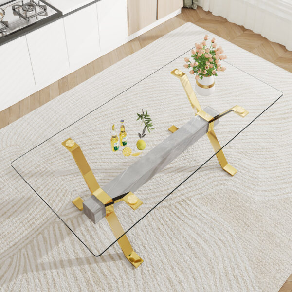 63ad4c9a12b647e4a9eec0b6b97d3382_20230821_27ef115d476647ef464fb6ba65cec7c2 Dining table. Modern tempered glass dining table. Large modern office desk with gold plated metal legs and MDF crossbars, suitable for both home and office use. Kitchen. 79 ''x39''x30 '' 1105