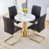 Table and chair set.31.5 Inch Elegant White Marble Pattern Round Dining Table - Suction Molding Annular Texture.Paired With 4 Black PU Material High Resilience Dining Chairs.