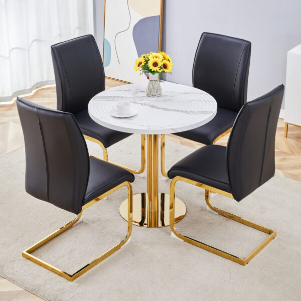 63c59077c2c84b90bfadc45a2ab5798b_a4532c9bf4d752345dcebef062640e10 Table and chair set.31.5 Inch Elegant White Marble Pattern Round Dining Table - Suction Molding Annular Texture.Paired With 4 Black PU Material High Resilience Dining Chairs.