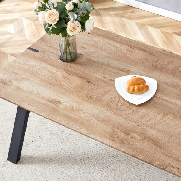 63cef9c0139643379514e5b0f6730256_ce05676720fa793b90a6c29405349373 Table and chair set.63"x35.4" Wood-Textured MDF Dining Table with Black A-Frame Legs.Paired with 4 Brown Technology Fabric Round Corner Dining Chair.Density Board Sticker,Iron Pipe Spraying,