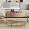 Modern Round Lift-Top Coffee Table with Storage & 3 Ottoman White & Natural
