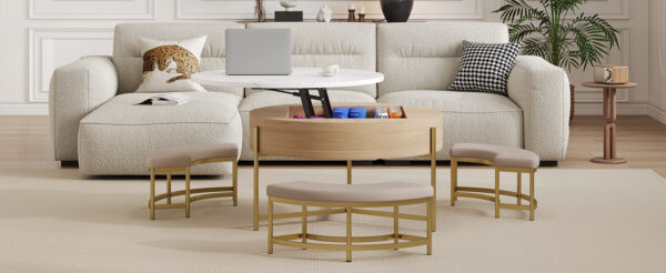Modern Round Lift-Top Coffee Table with Storage & 3 Ottoman White & Natural