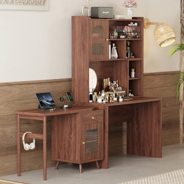 Computer Desk with 90 Degree Rotating Desktop, 43x70 Inch Office Desk with Storage Drawer and Cabinets, Gaming Desk with Shelves, Writing Desk for Study, Work Desk for Home Office Bedroom Living Room