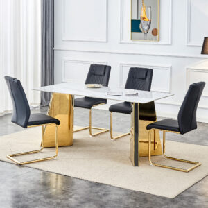 Table and chair set.63"x31.5x30" Luxurious Snow Mountain Patterned Sintered Stone Table with Golden Stainless Steel Butterfly Legs.Paried With 4 Black High-quality PU Chairs With Arched Metal Legs.