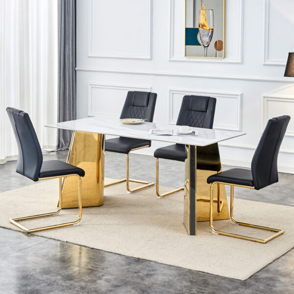 63fd591ed57948f38bb5a8f87f8ed828_22986791f50f33661c980d1b9dc516f0 Table and chair set.63"x31.5x30" Luxurious Snow Mountain Patterned Sintered Stone Table with Golden Stainless Steel Butterfly Legs.Paried With 4 Black High-quality PU Chairs With Arched Metal Legs.