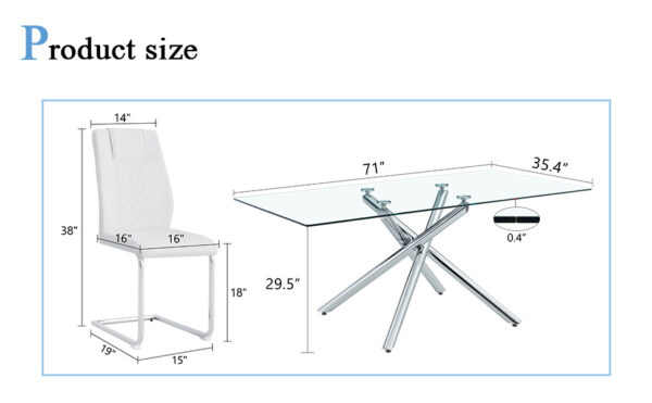 64104acce45e4a14a57d0b1a01eab2a4_d0581e10e7ce372e7c711b4a5a1a6b25 Table and chair set.Modern Luxurious Transparent Tempered Glass Dining Table Set with 6 Chairs.Single fork silver metal table legs.White high-quality PU dining chairs with silver metal legs.
