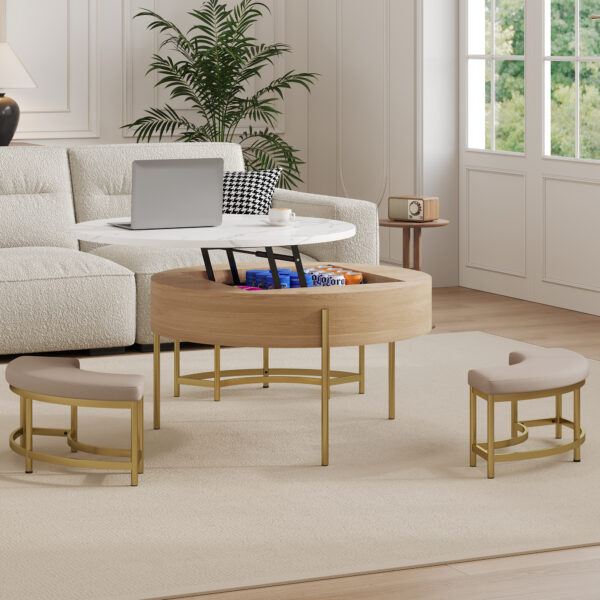Modern Round Lift-Top Coffee Table with Storage & 3 Ottoman White & Natural