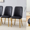 Table and chair set.Luxurious Snow Mountain White Slab Round Dining Table Set - 47"x47" with 4 Black PU Chairs with Simple Line Designs On The Backrest .Golden Metal Legs.
