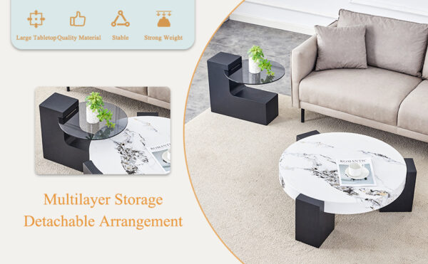 644d84dff9b54ee69afb77dcf8aa257f_acd22d31d2128c13c7cccd48ffc97518 Modern Simple Double-Layer Round Coffee Table - Transparent Gray Glass Top with Black MDF L-Shaped Legs.The detachable design can make the use of space more flexible.