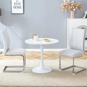 Table and chair set.Hourglass-Shaped Stable Small Round Table -31.9" * 31.9" With 2 Soft and Comfortable Light Gray PU Chair With Arched Metal Silver Leg.Create Your Exclusive Low-Key Luxury Space.
