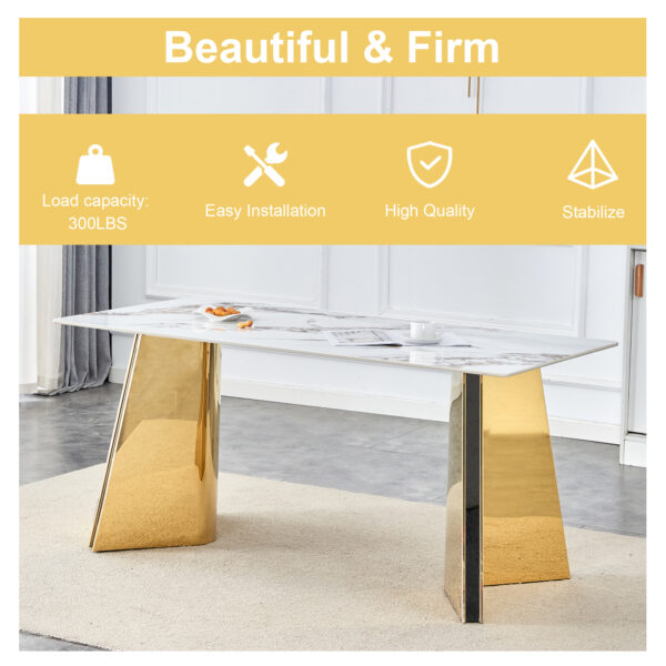 647afeffd6794b309209350accfeb59f_17f1c6c3c02852ee8ba7c0321270b8b0 Table and chair set.63"x31.5x30" Luxurious Cold Jade Patterned Sintered Stone Dining Table with Golden Stainless Steel Butterfly Legs.Paried With 4 Black High-quality PU Chairs With Arched Metal Legs.