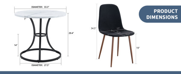 64c097947c7a4cecb83b40158d0848a8_9c3ccf83c507fc79b0d711f11b9c3293 Table and chair set.A Modern Minimalist Circular Dining Table With A Diameter Of 33.3 Inches.Paired With 4 Black Linen-Cotton Material High Resilience Dining Chair with Metal Leg.