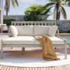 TREXM Outdoor Daybed, Patio Daybed with Four Pillows, Wooden Outdoor Bed with Curved Armrests for Poolside, Backyard, Garden (Gray+Beige Cushion)